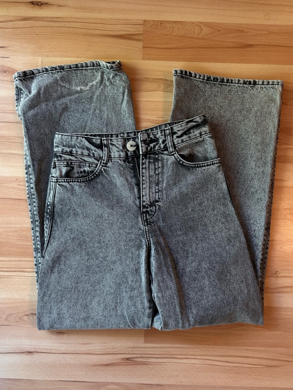 High-Waist Washed Gray Wide Jeans